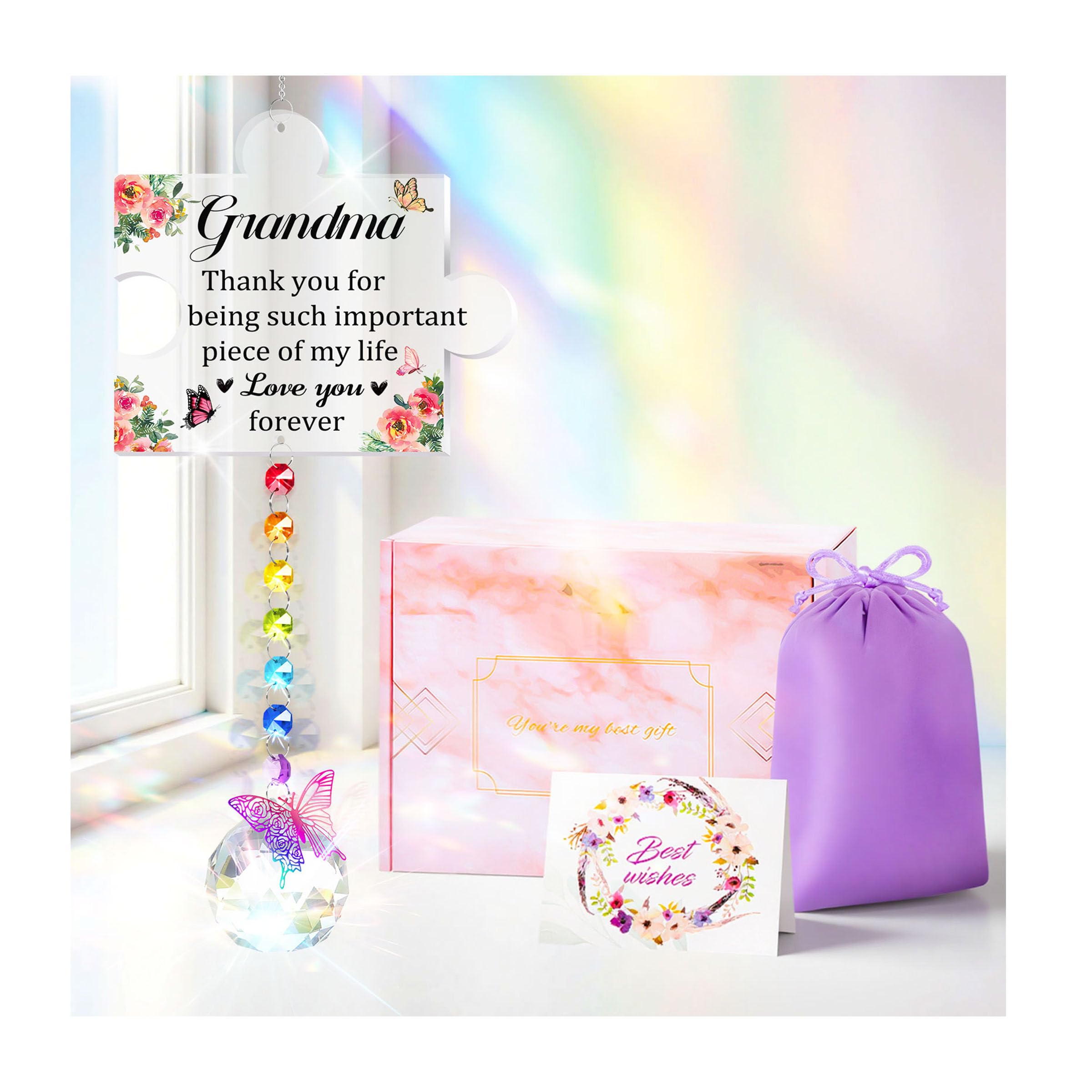 YIBONIKA Grandma Birthday Gifts, Puzzle Crystal Suncatcher Gifts for Grandma, Personalised Puzzle Wind Chime, Grandma Christmas Mothers Day Presents from Grandchildren