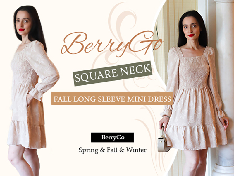 BerryGo Women's Square Neck Fall Long Sleeve Mini Dress Smocked Swing  Ruffle Wedding Guest Dress Apricot S at Amazon Women's Clothing store