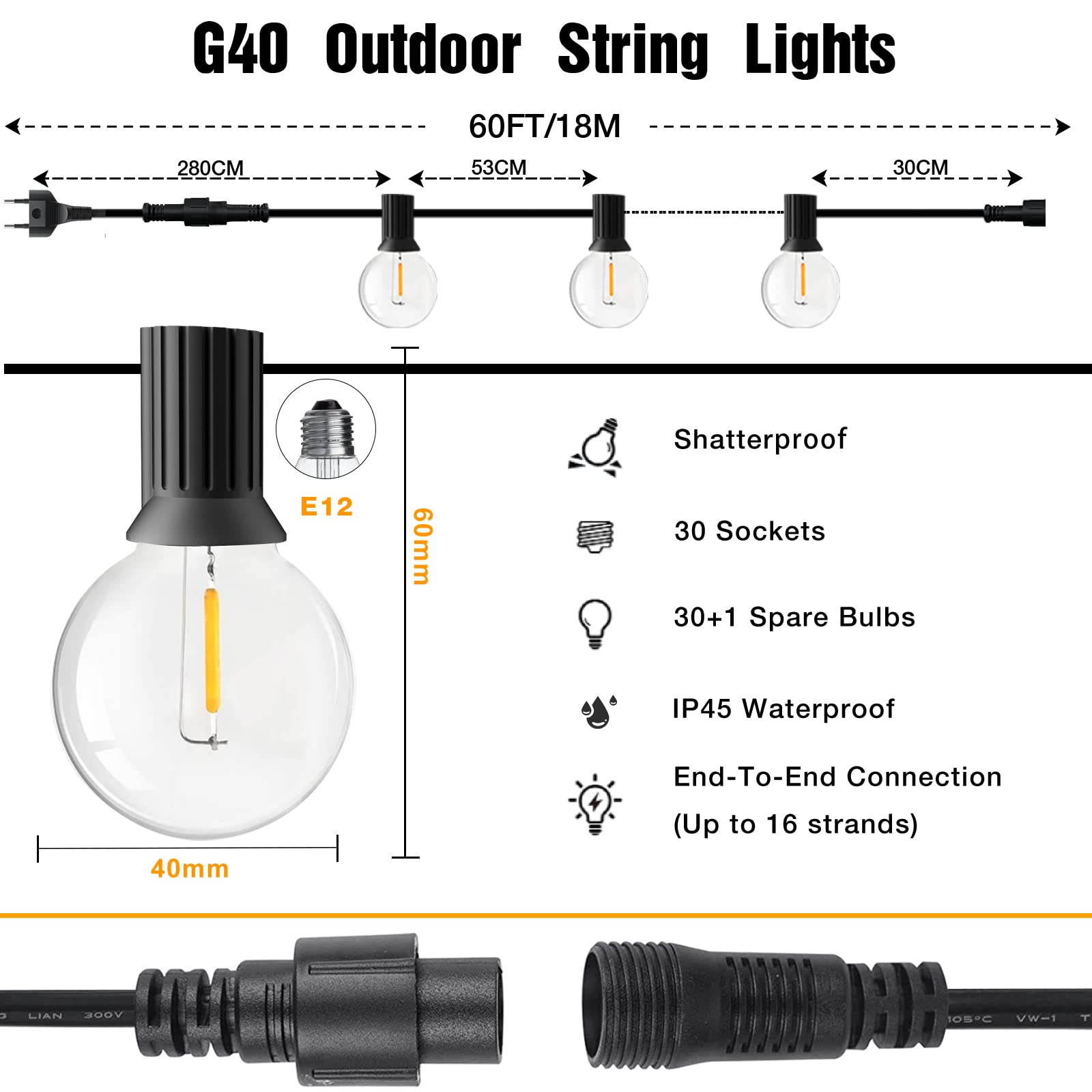 FANSANMY Catene Luminosa Esterno 18M/60FT, 30+1 LED G40 Lampadine,Risparmio Energetico Luci a Festone per Esterni, IP45 Luci da Giardino Impermeabili per Cortile Matrimoni, Feste