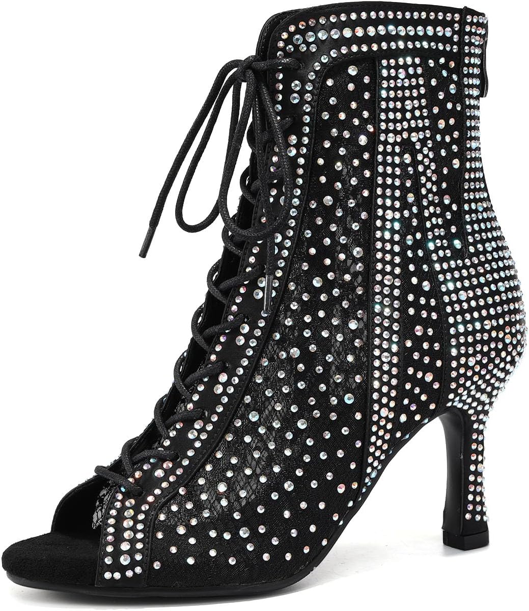 Ballroom Latin Dance Boots for Women Rhinestone Open Toe Dacing Heel 3 1/3 Inch