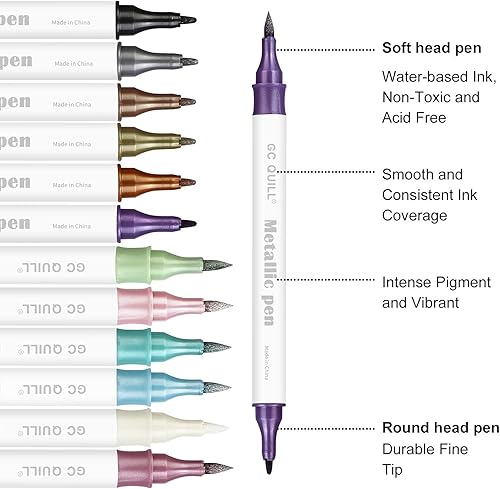 Miniatura 4 de GC QUILL Rotuladores metálicos de 12 colores – Brocha de doble punta y bolígrafos de punta fina para álbum de bricolaje, tarjetas negras, álbumes de