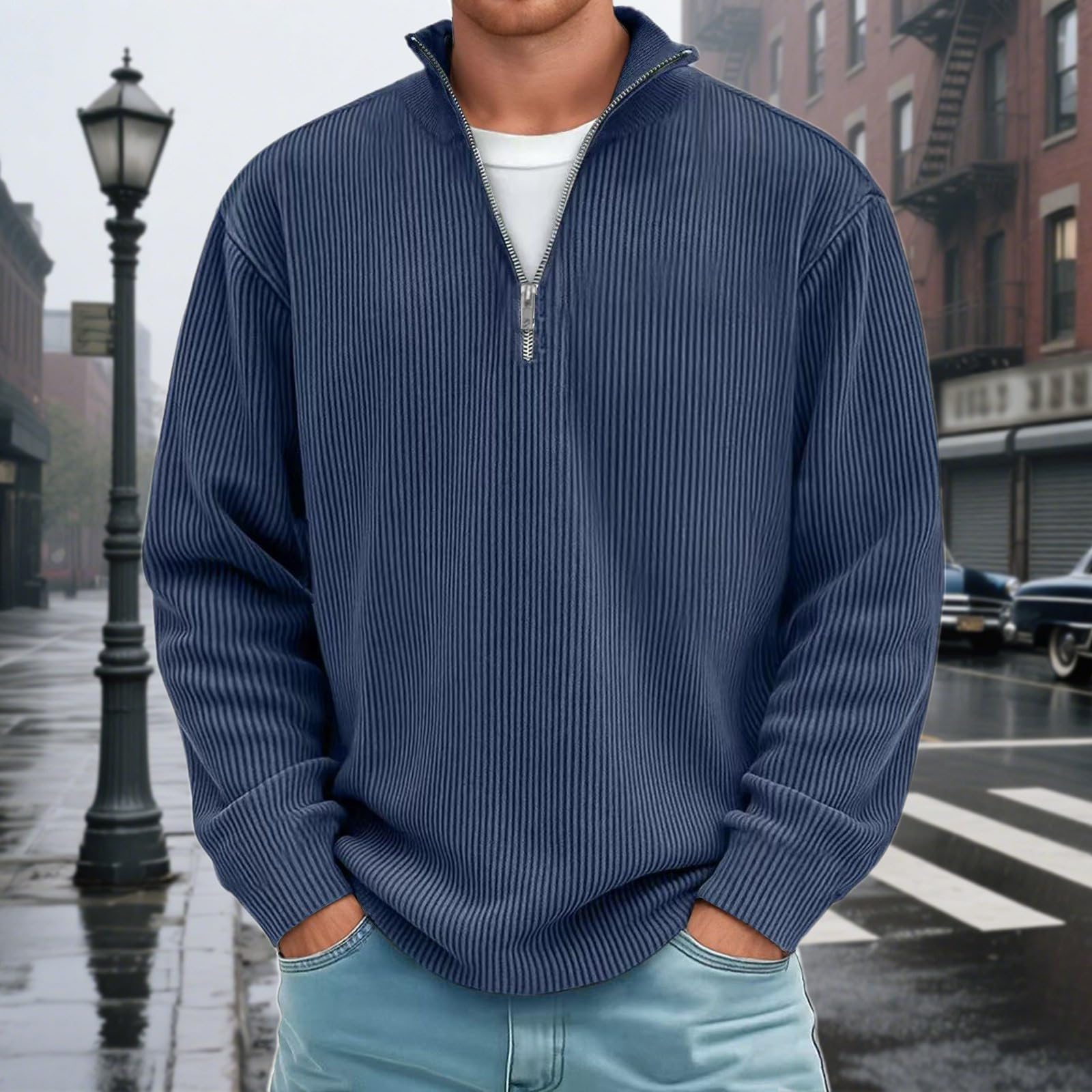 Jersey de media cremallera para hombre, de gran tamaño, de cachemira, cuello alto, punto grueso, manga larga, textura, moderno, térmico, de invierno, de entretiempo