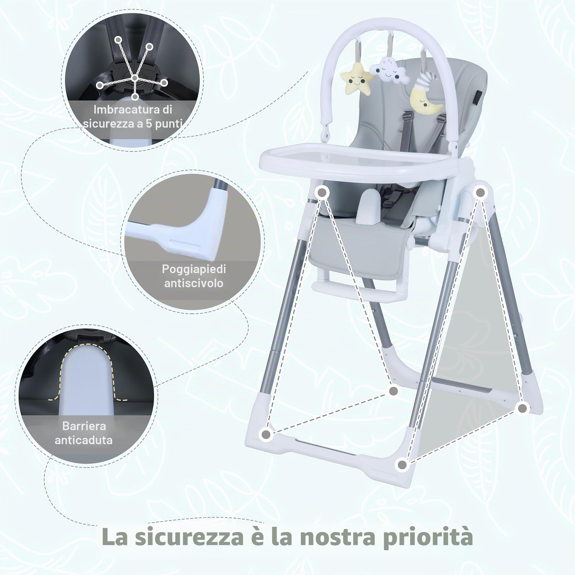LIFEZEAL Seggiolone Pappa Evolutivo per Bambini 6-36 Mesi, Sedia, Sediolone, Altezza Regolabile, Pieghevole, Reclinabile, Cintura di Sicurezza, Pioggiapiedi, 2 Vassoi, Ruote, Giocattoli, Grigio Chiaro