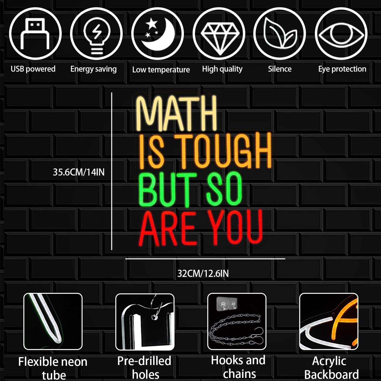 Math Is Tough But So Are You Neon Sign for Classroom, Inspirational Colorful Math Neon Light Dimmable Student LED Light up Signs for Classroom, Kid Room, Office, Library Decoration