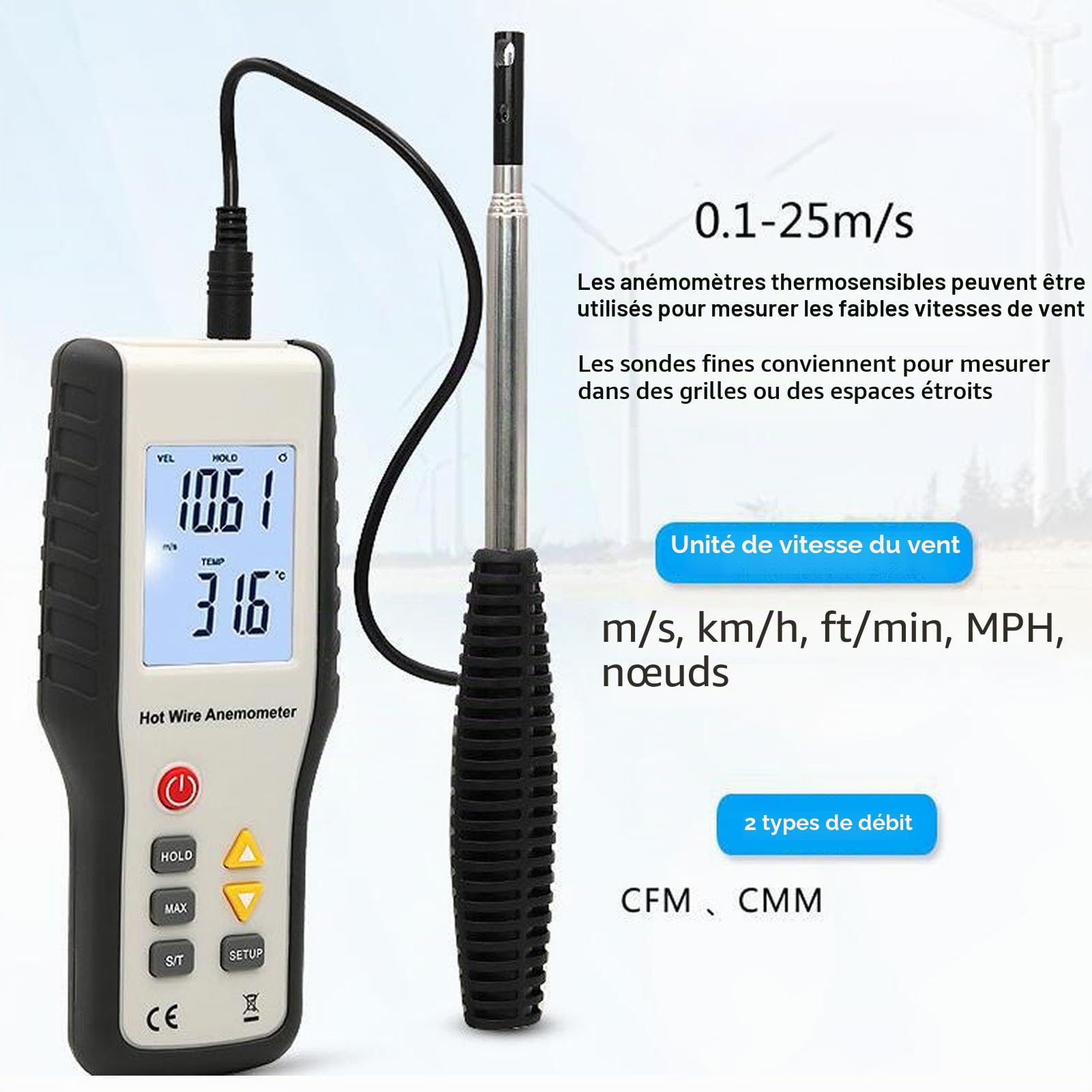 Anémomètre Thermique, Affichage LCD Portable, Compteur Numérique de Vitesse du Flux D'air, Haute sensibilité, Compteur de Vitesse du Vent, Compteur de Température pour la