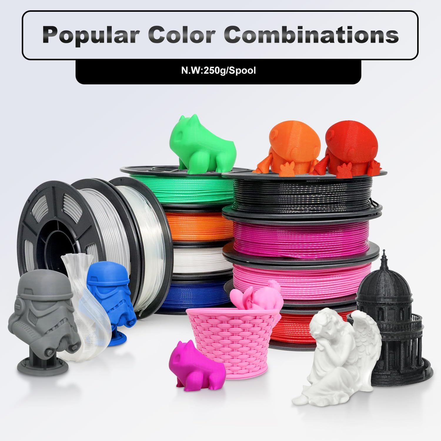 YOUSU pla plus filament 1.75, 3d drucker filament, 3d filament pla+ bündel, 250gx10 Spule (Schwarz/Weiß/Grau/Rot/Blau/Grün/Orange/Rosa/Lila/Transparent)