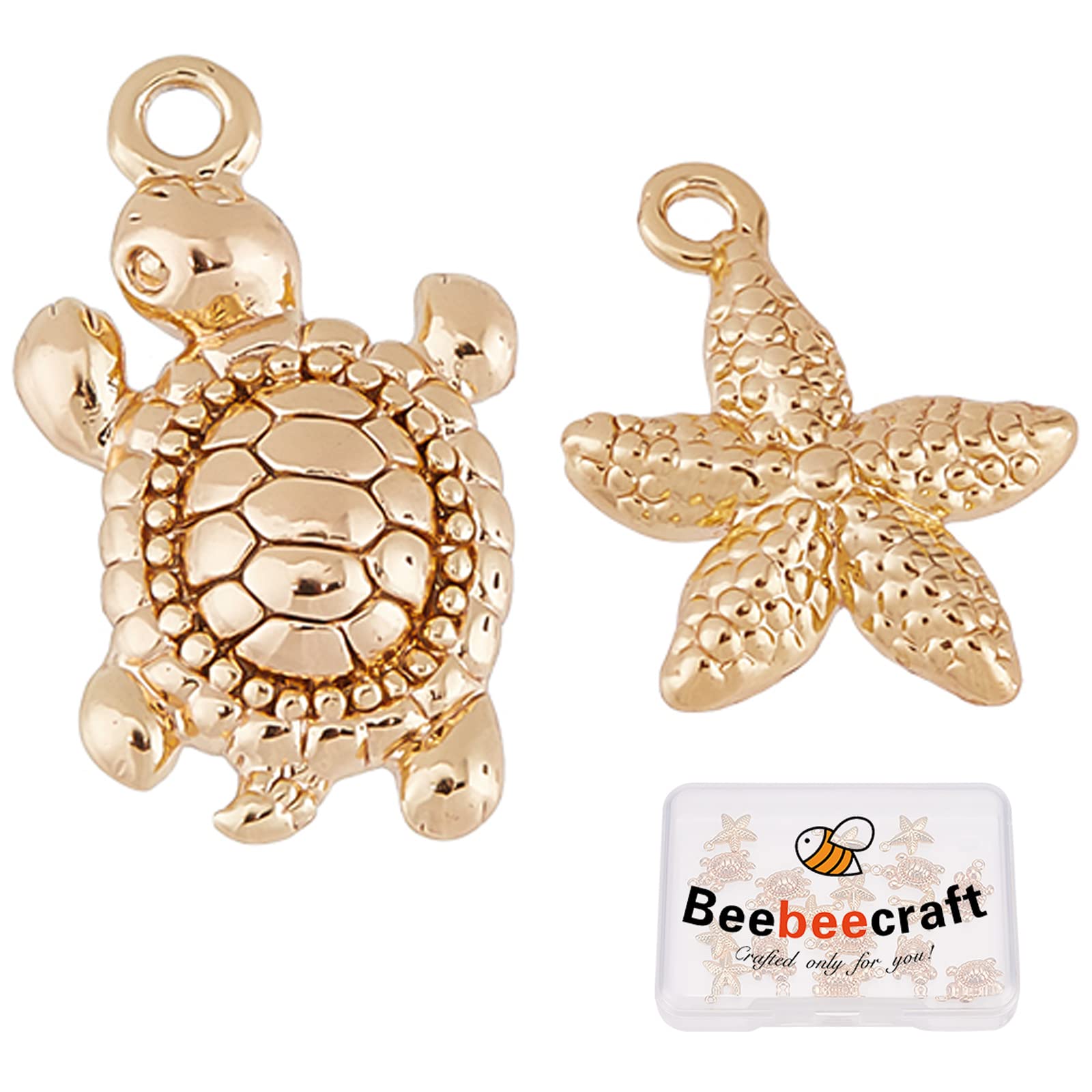 Beebeecraft 1 Box 20Pcs 2 Style Ocean Animals Charms Real 18K Gold Plated Tortoise Starfish Pendant Charms for Wakiki Hawaii DIY Jewelry Making
