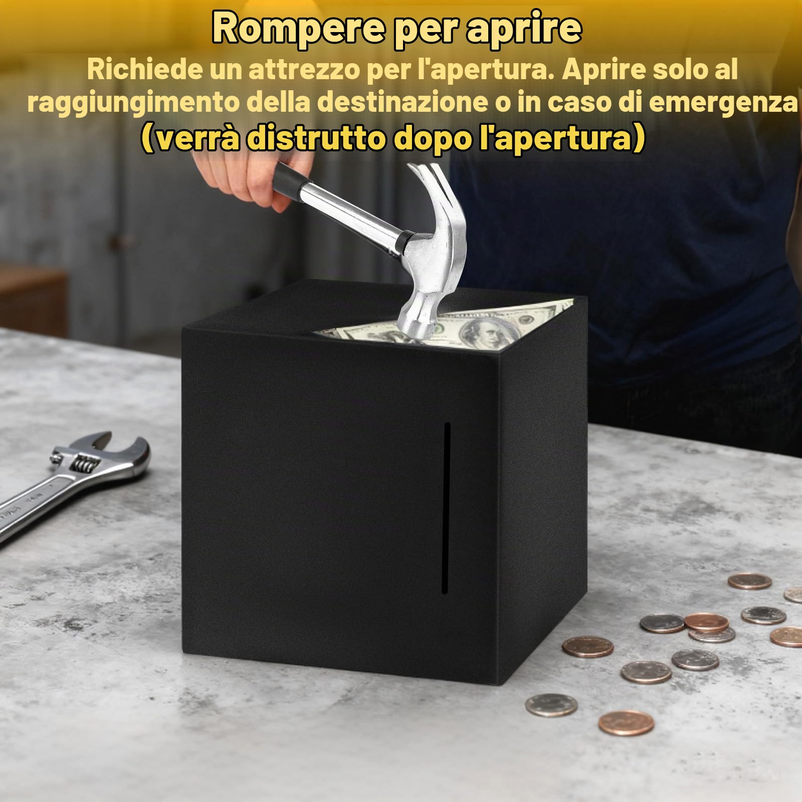 Salvadanaio Non Apribile Nero in Acciaio Inox, Salvadanaio Chiuso Adulti Pratico Grande Rompere per Aprire 12x12cm, Money Box Monete e Banconote Sicurezza Qualità Alta per Adulti e Regalo Bambini