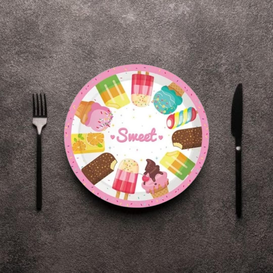 WANNA PARTY Pack of 8 Candyland Party Tableware, Ice Cream Birthday Paper Plates,Candy Party Table Decorations for Girls 3