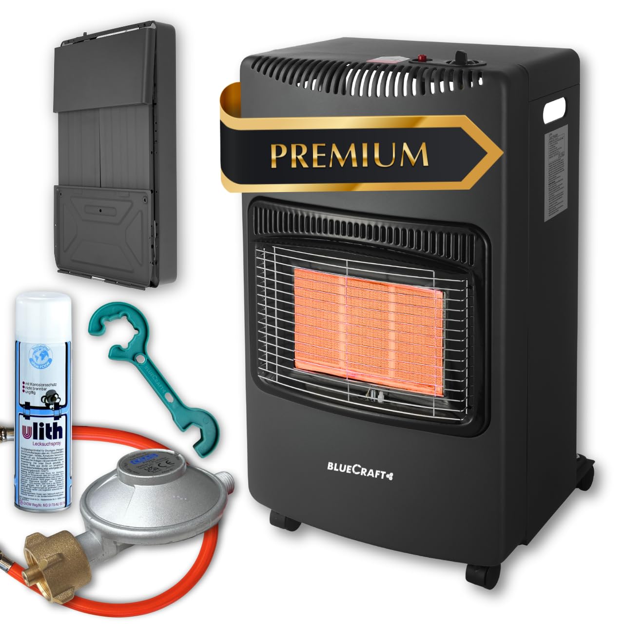 Bluecraft Heizofen Gas 4,2 kW + Druckregler Gasschlauch Gasregler Schlüssel | Gasheizofen für Innenräume, Infrarot Heizstrahler, Gasheizer, Notofen, Camping Heizung, Notheizung für Gasflasche 5kg 11kg