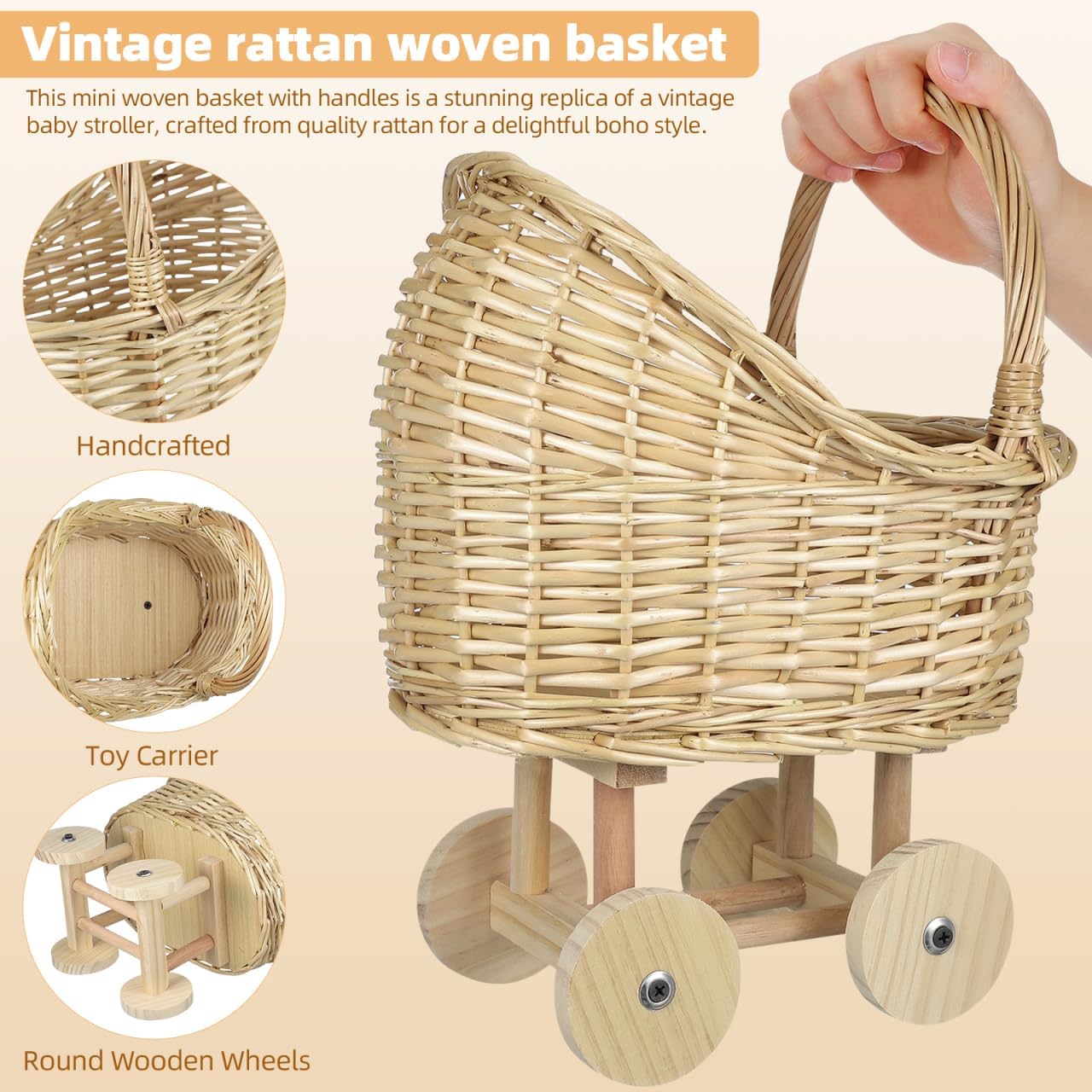 Yardwe Rattan Woven Flower Basket Mini Doll Stroller Baby Shower Basket Vintage Baby Carriage Decoration for Wedding Flower Girl Display Home Decor 13.77 X 10.43 X 7.48 in image 5