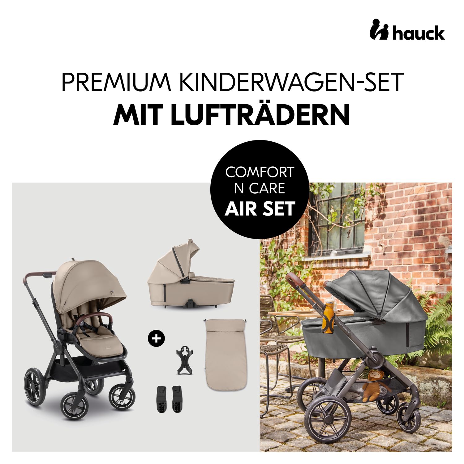 Hauck Comfort N Care Air Set Mocha 2in1 Kinderwagen mit Luftreifen, Wanne mit Memory Knöpfe, Wendbarer Sitz mit Beindecke & Liegefunktion bis 22 kg, Höhenverstellbar, inkl. Adapter