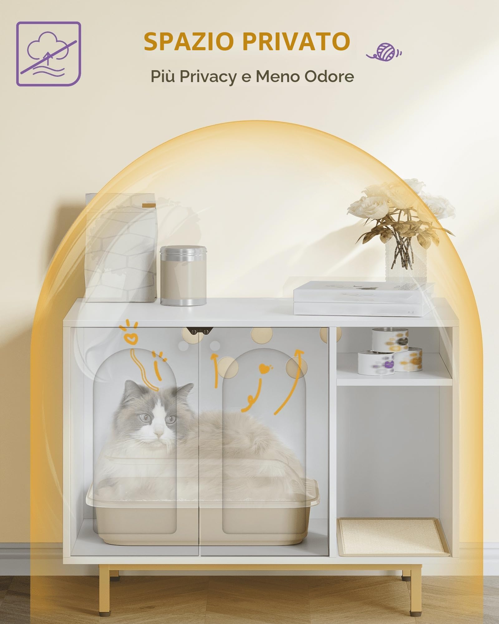 Hzuaneri Mobile Lettiera per Gatti, Mobiletto Lettiera Gatto, Casa per Gatto Multifunzione, Con Porta e Divisorio Separato, Armadietto per Gatti, Facile da Montare, Bianco e Oro 01503GCLB