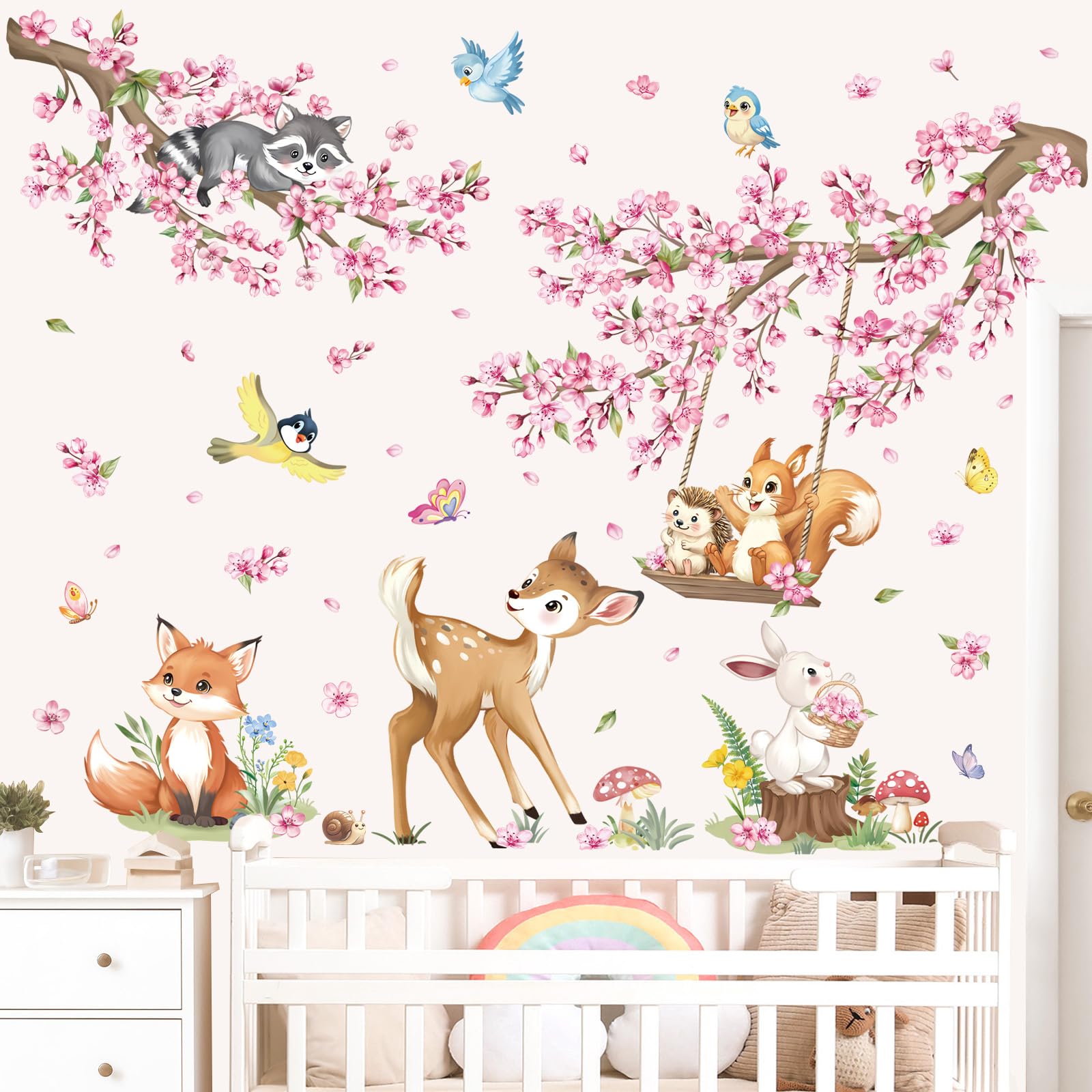 decalmile Stickers Muraux Fleurs de Cerisier Rose Autocollant Mural Animaux des Bois Floral Branche Arbre Décoration Murale Bébé Fille Chambre Enfants Pépinière