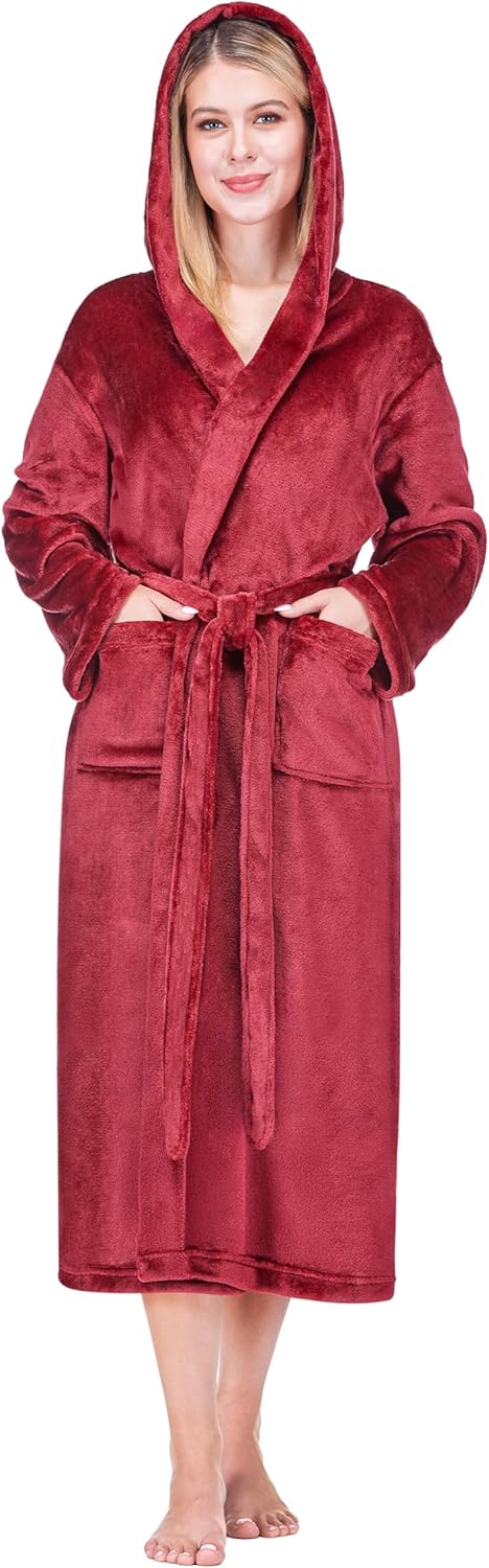 PAVILIA Women Robe with Hood, Fleece Fluffy Soft Long Hooded Robe, Plush Fuzzy Cozy Warm Bathrobe Shower Spa