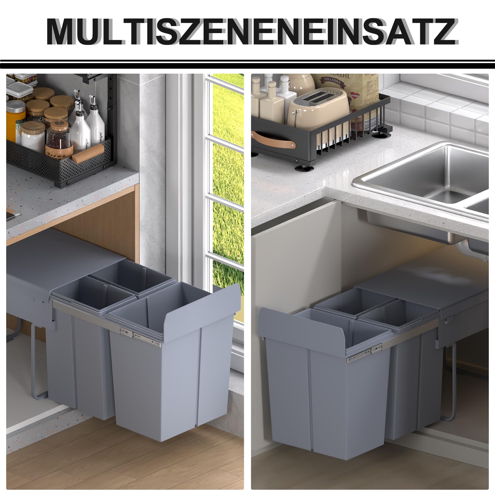 HOMCOM Abfallsammler 20 L+20 L+10 L Ausziehbar für Schränke mit Griff Grau | Einbaumülleimer, Unterschrank Abfalleimer, Mülleimer für Schränke, 3 Herausnehmbare Fächer, Mattierter Deckel