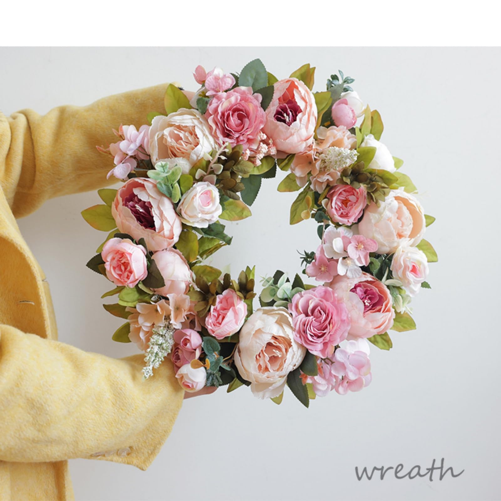 Künstlicher Pfingstrosen Türkranz in Rosa & Weiß, 45cm Blumenkranz für Haustür, Wand, Bauernhaus, Frühling Sommer, Innen & Außen, Hochzeitsdekoration