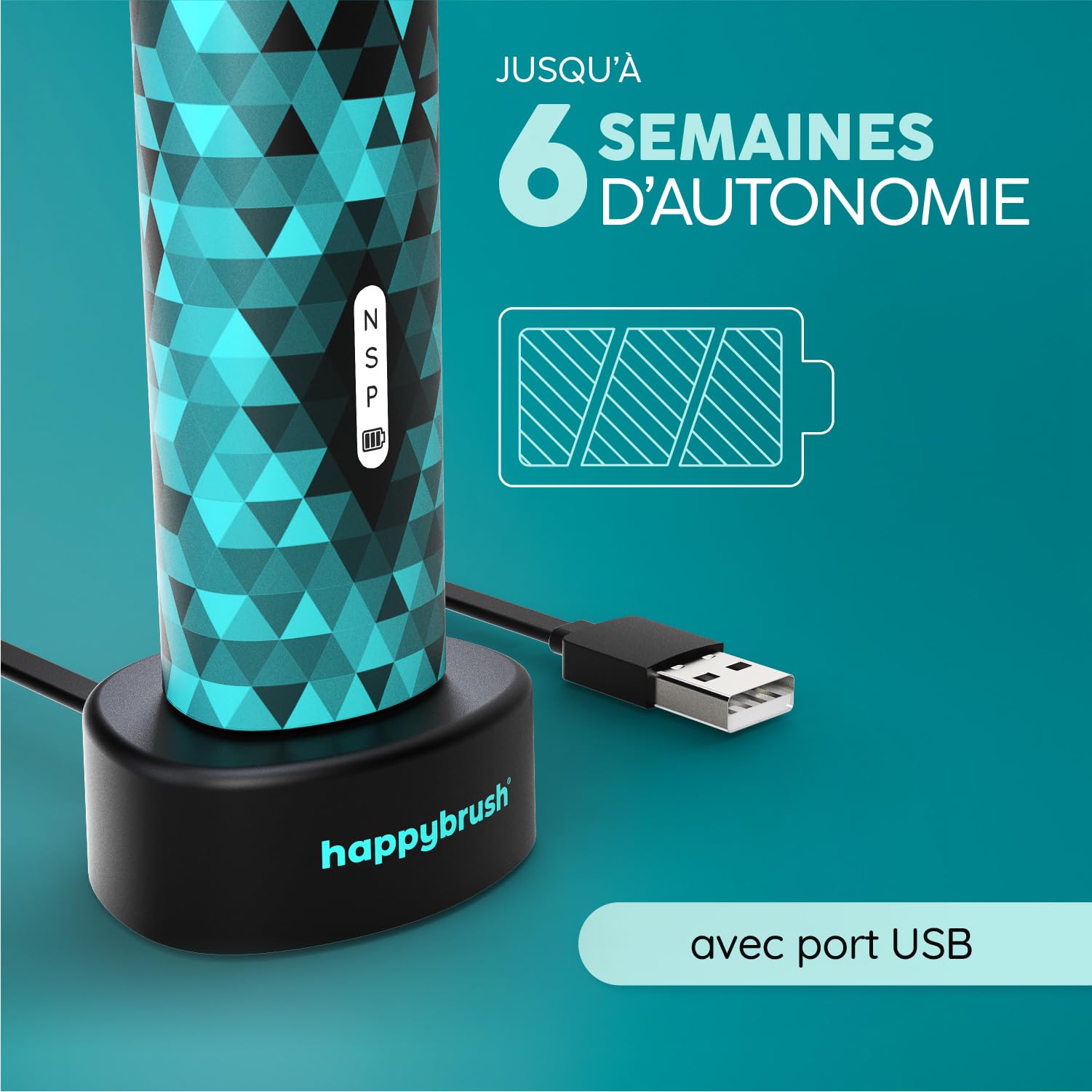happybrush Brosse à dents sonique électrique Eco VIBE 3 - Brosse à dents durable avec 6 semaines de batterie rechargeable avec 3 brosses à dents et dentifrice - Noir/Menthe