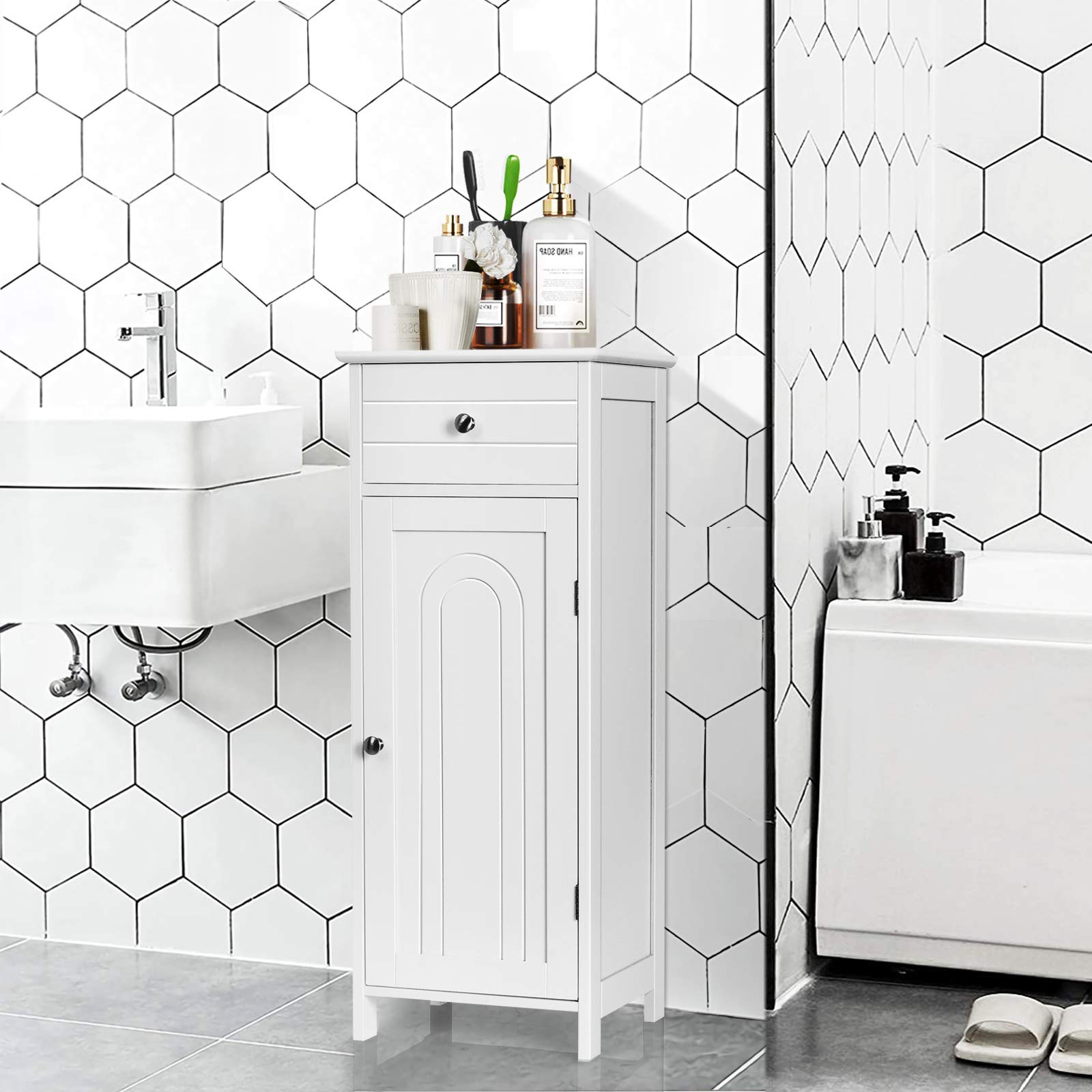 COSTWAY Armario de Pie para Baño Organizador, Madera con Cajón Mueble Aparador Lateral para Cocina Salón Almacenamiento 35.6 x 30.5 x 88cm (Blanco)