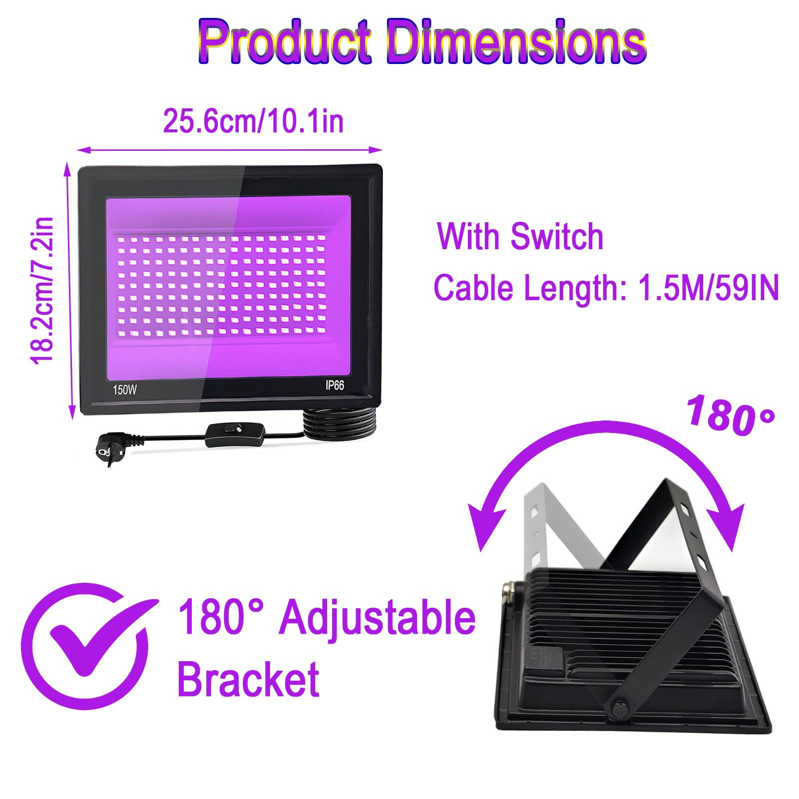 2 Piezas LED Luz Negra 150W, Foco LED Ultravioleta 395-400NM IP66 Impermeable, Luz Negra Ultravioleta Para Halloween, Navidad, Bar, Body Painting, Fiesta, Discoteca