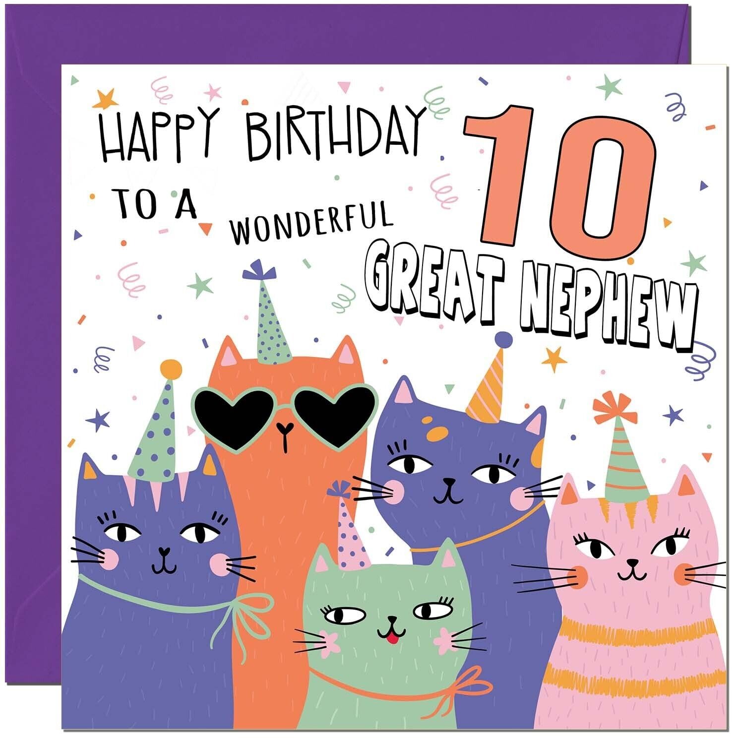 – 10th Great Nephew Birthday Cards - Childrens Cute Cat Great Nephew Birthday Card for 10 Year old Kids ten, tenth