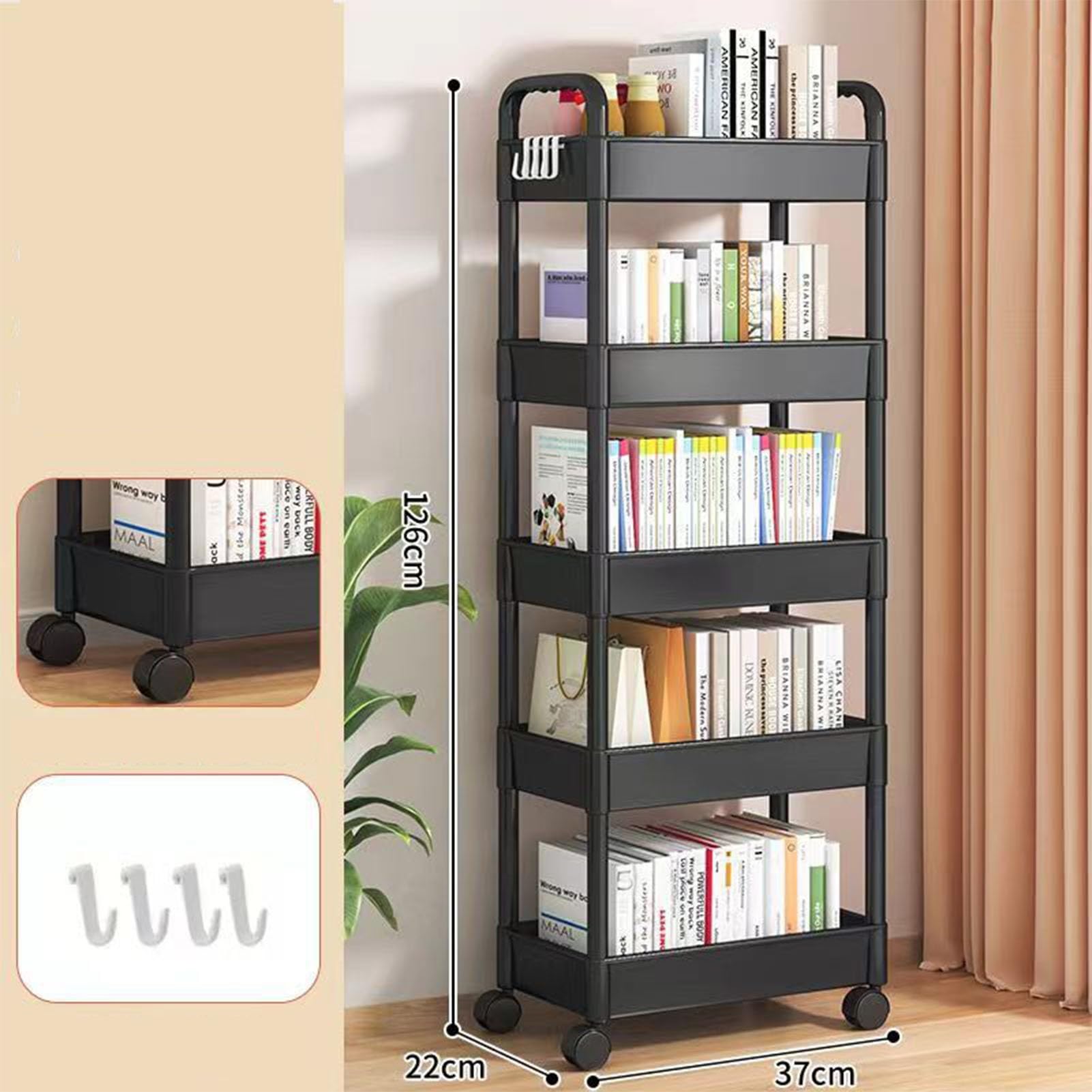 Carrito multifuncional de plástico de 3 niveles con ganchos para cocina, baño, oficina, versátil carrito utilitario en colores elegantes