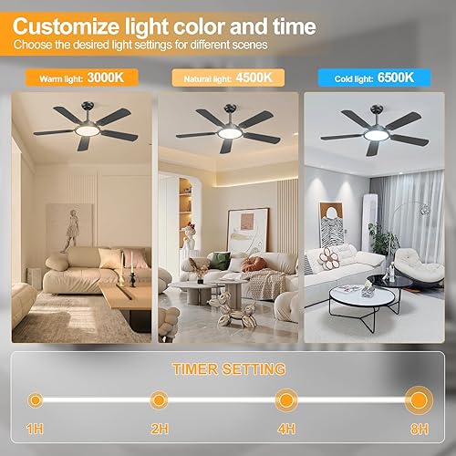 Miniatura 6 de onffo Ventilador de techo de perfil bajo de 52 pulgadas con luz y control remoto, moderno ventilador de techo negro, motor CC reversible ultra