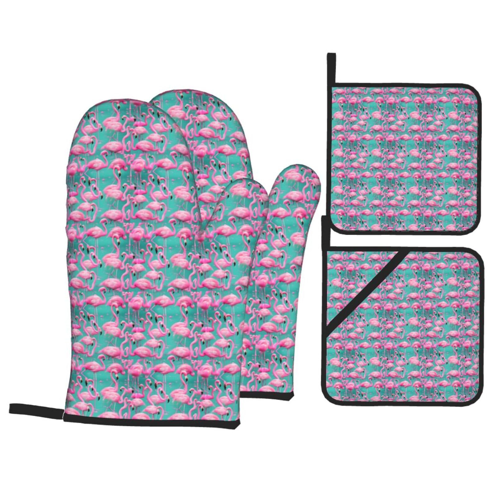 Nimongt Black Lovely Pink Flamingos Print Heat-Resistant 4-Piece Oven Kitchen Gloves For Baking Cooking Microwaving Essentials