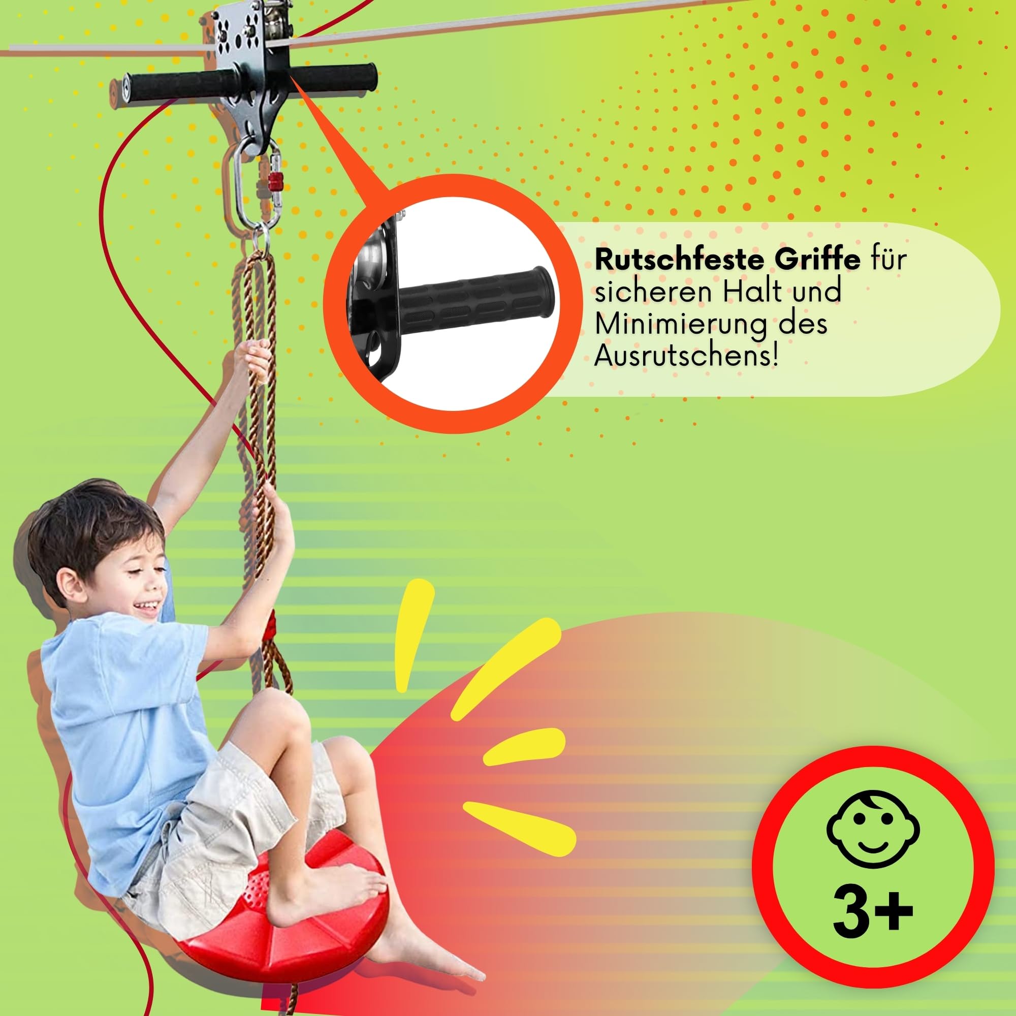 SPRINGOS Seilrutsche 30m für Kinder - Seilbahn Zipleine Set mit Rutschenwagen, Sitz, Sicherheitsbremse & Baumschutz - bis 120 kg - Klettergerät Outdoor
