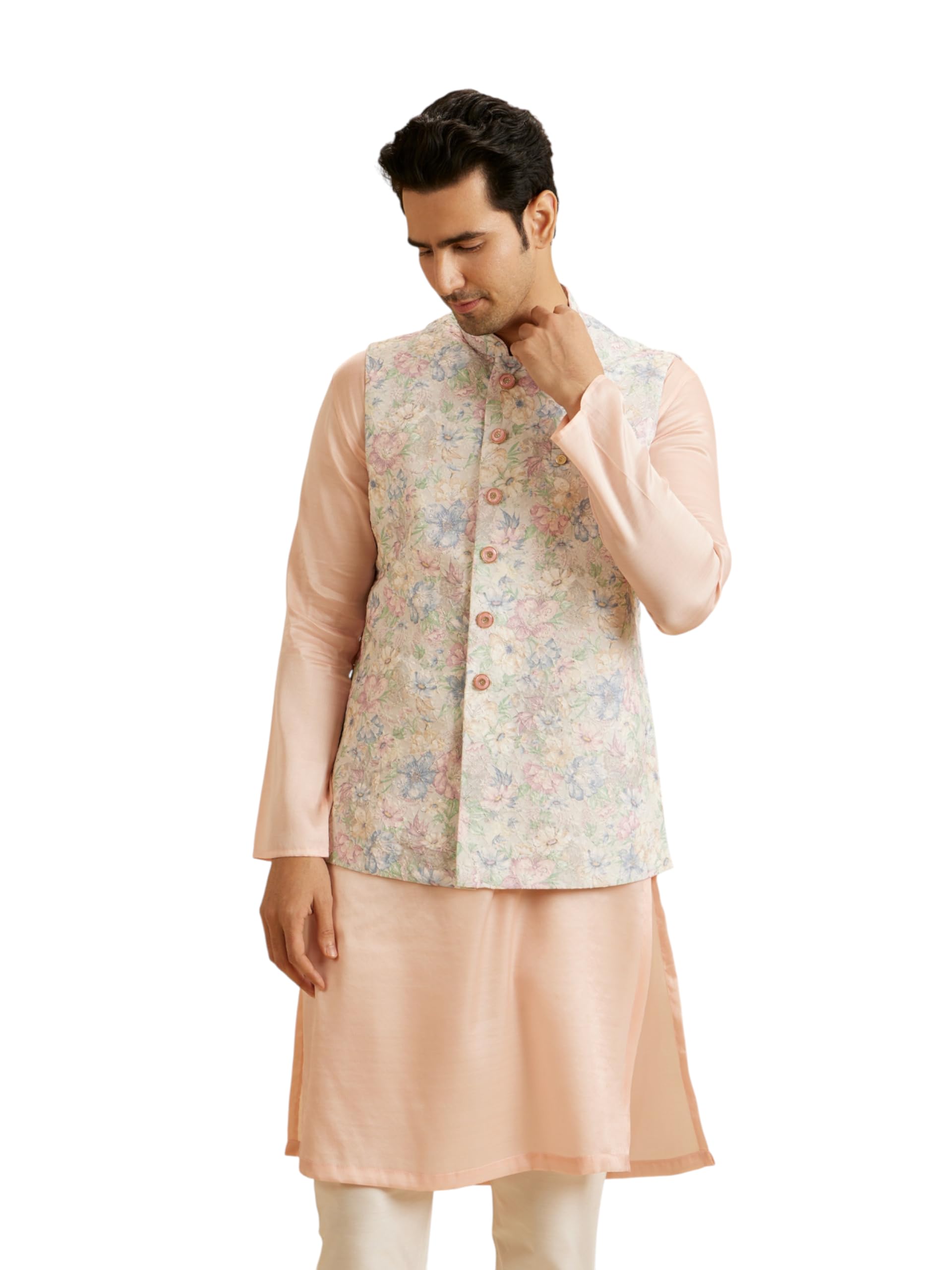 manyavar Men's Blended Viscose Floral Prints & Chikankari work Traditional Nehru Jacket(1pc)-picture-11