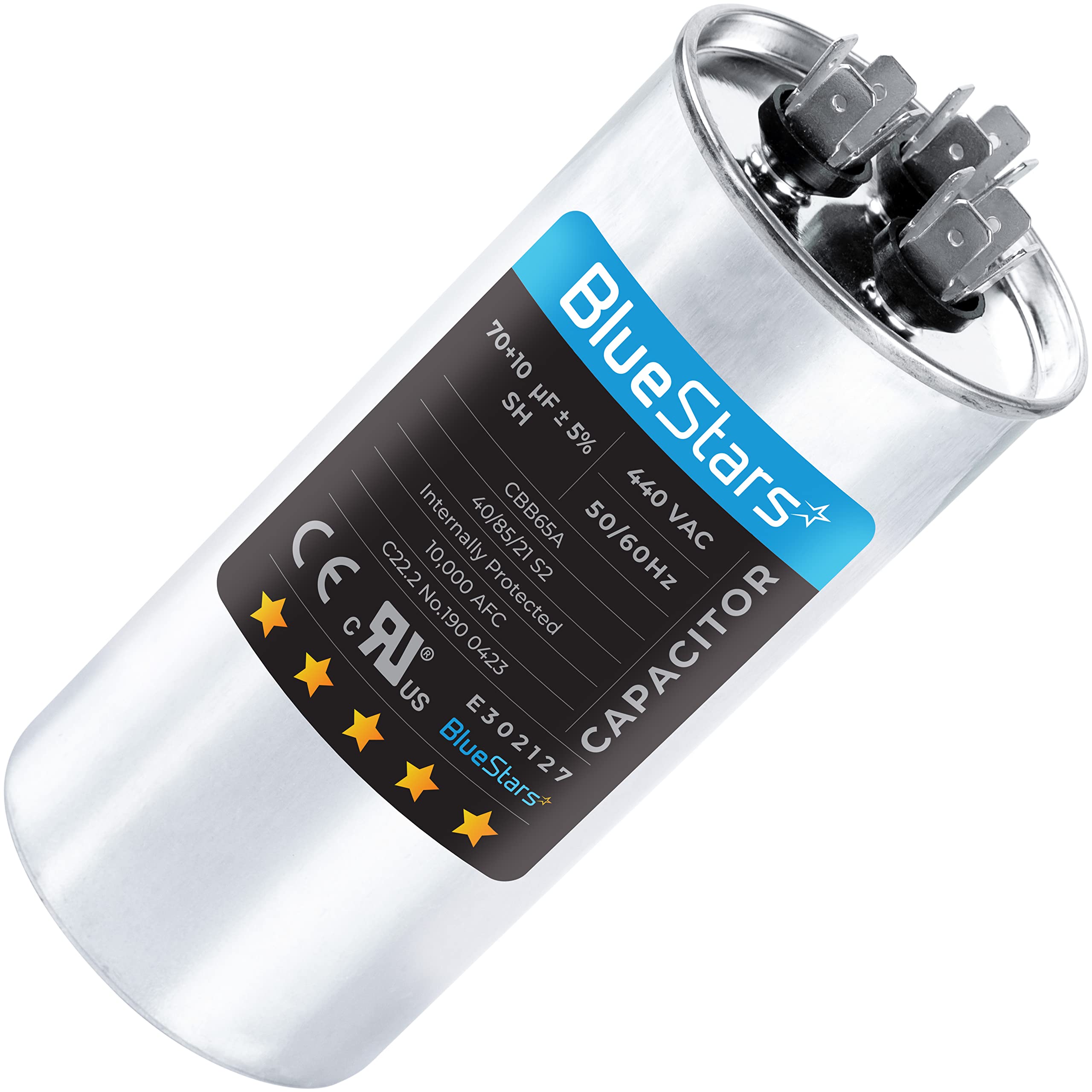 BlueStars Updated 70+10 uF ±5% 70/10 MFD 370/440 VAC Dual Run Start Round Capacitor 50/60Hz, 10000AFC - Compatible for AC Condenser Straight Cool or Heat Pump Air Conditioner