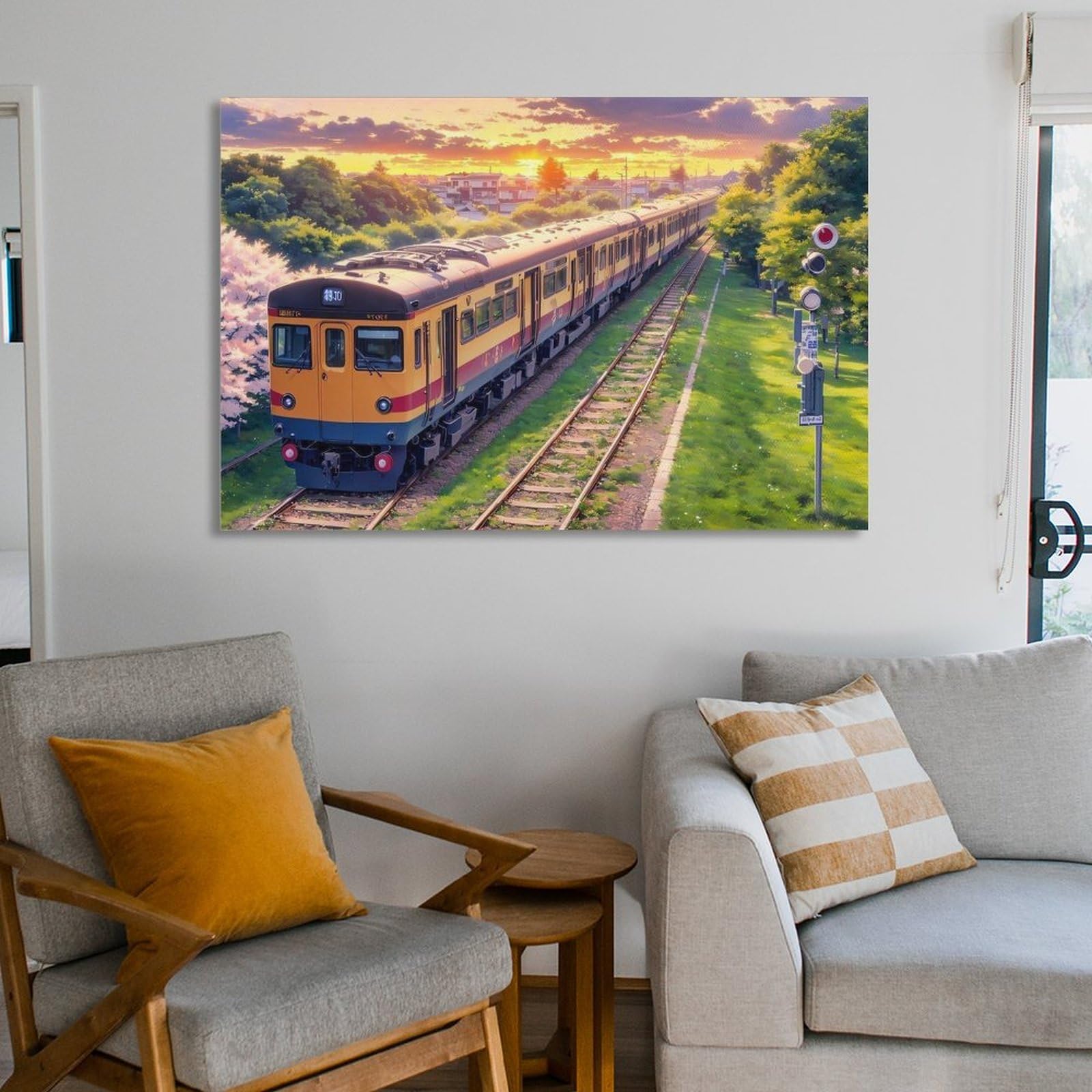 Amazon.co.jp: 絵画 線路の上を走る電車インテリア 絵画 春は暖かく 花