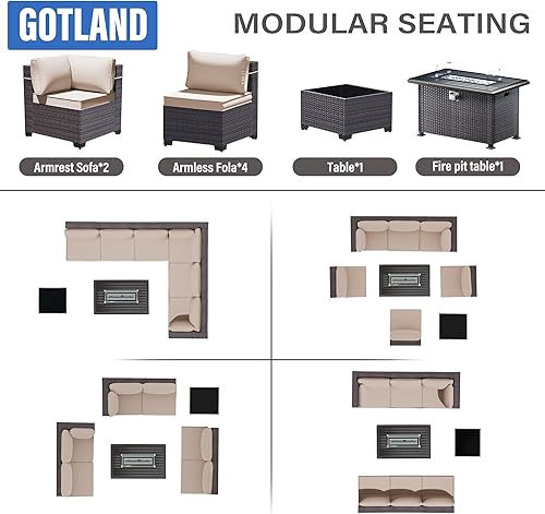 Miniatura 7 de Gotland Juego de muebles de patio de 8 piezas con mesa para fogata, muebles de ratán para exteriores para todo tipo de clima, con respaldo de 29.5