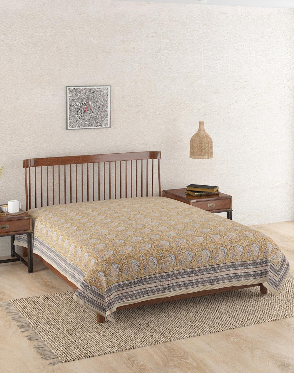 Fabindia Yellow Cotton Hand Block Printed Single Bed Cover-picture-12