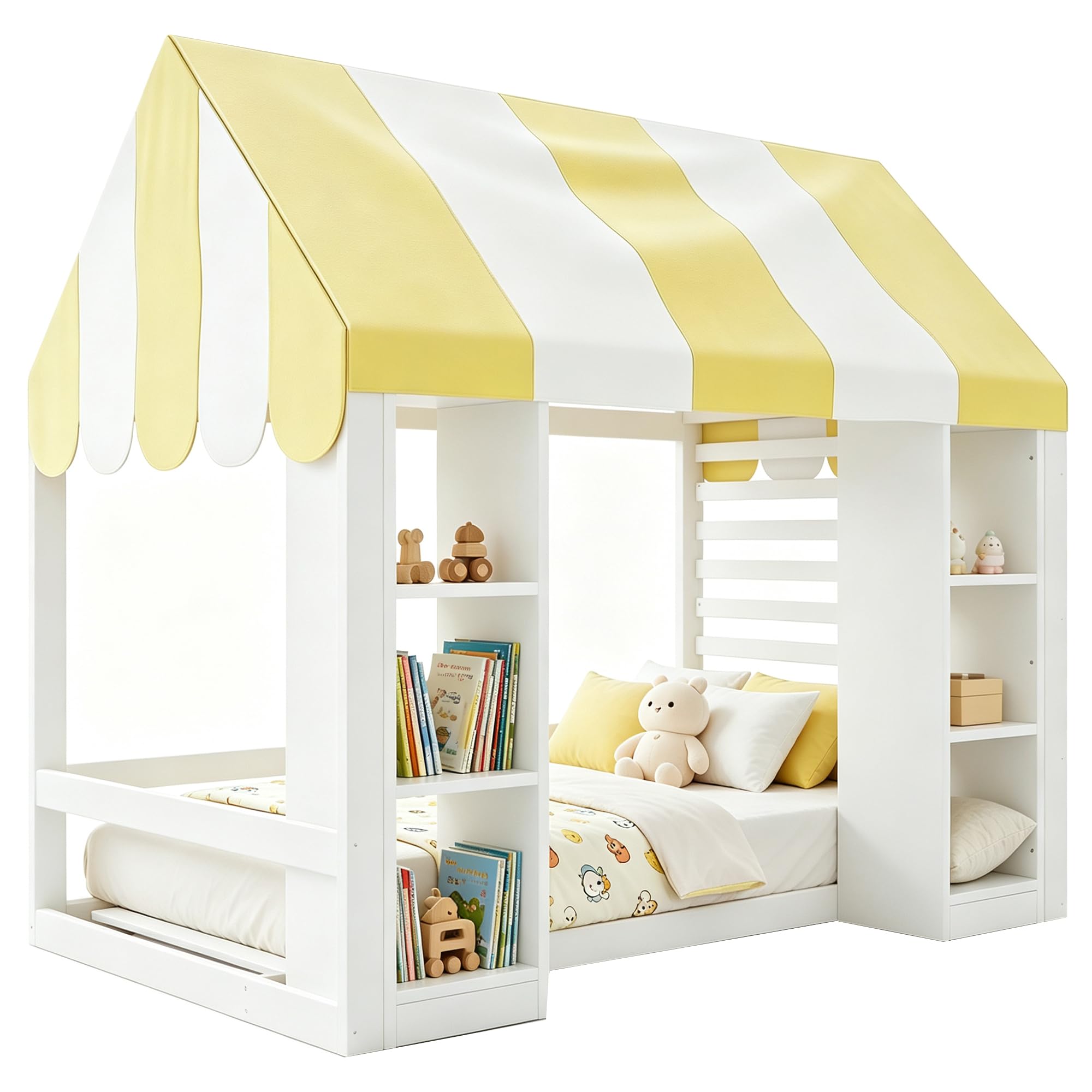 Kinderbett im Landhausstil, 90 x 200 cm, mit Himmelbett, offenem Stauraum vorne und Holzrahmen, weiß
