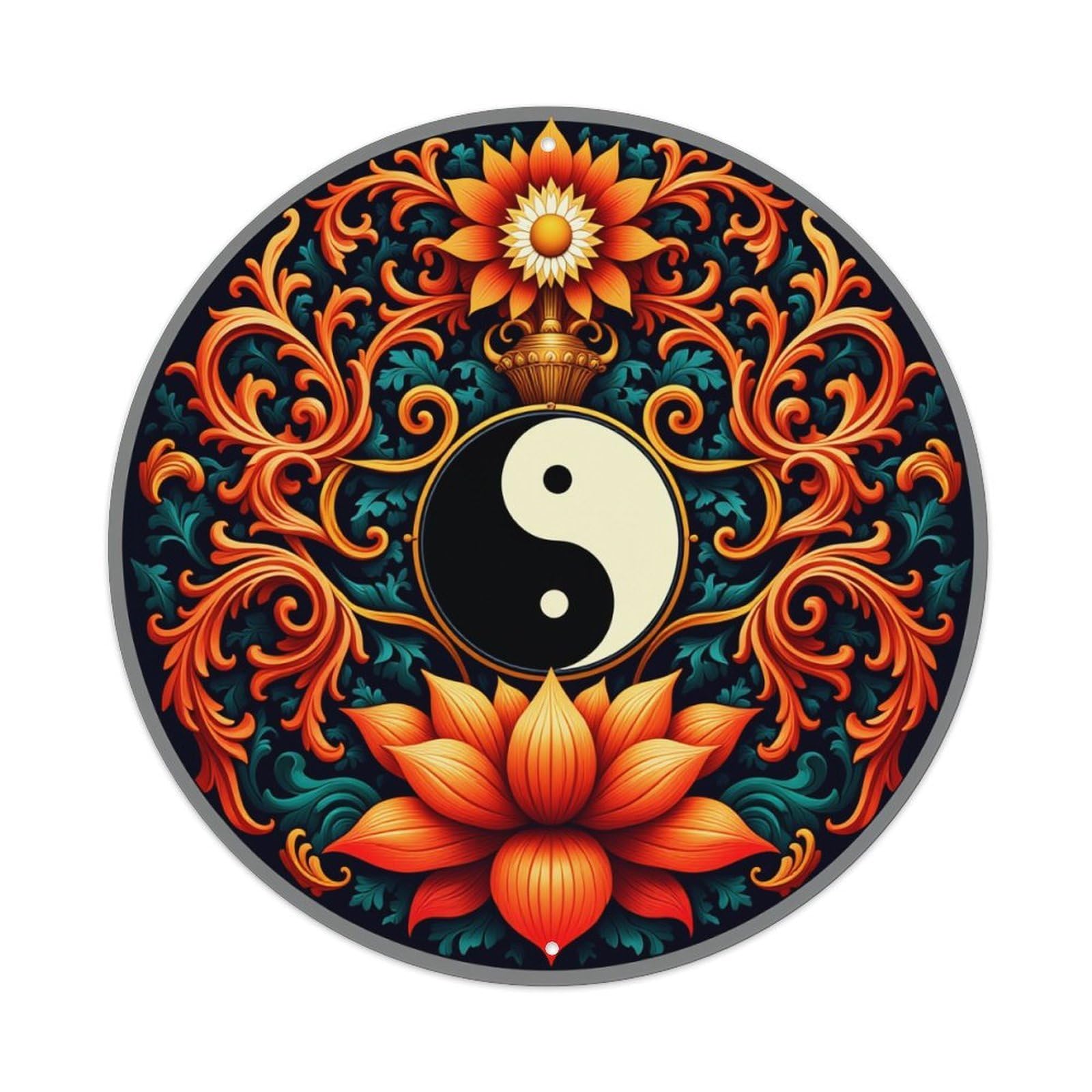 Yin Yang Floral Ornament Design Round Tin Sign Retro Metal Sign for Cafe Bar Pub Home Game Room Gym Club Wall Decoration Vintage Metal Poster 8x8 Inch