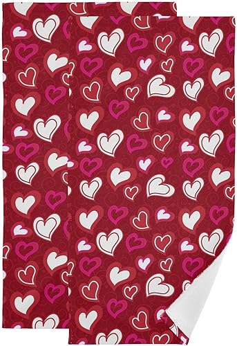 ALAZA Juego de 2 toallas de baño de mano para el día de San Valentín con corazones rojos, toallas de baño de algodón suaves y absorbentes, toallas