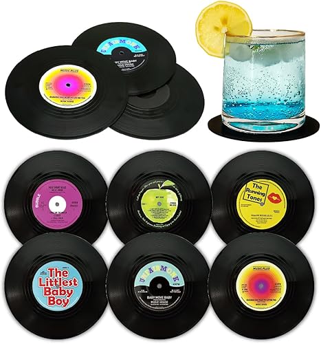 Juego de 6 posavasos de vinilo vintage, antideslizantes, absorbentes, regalo ideal para entusiastas de la música y decoración retro (M1)