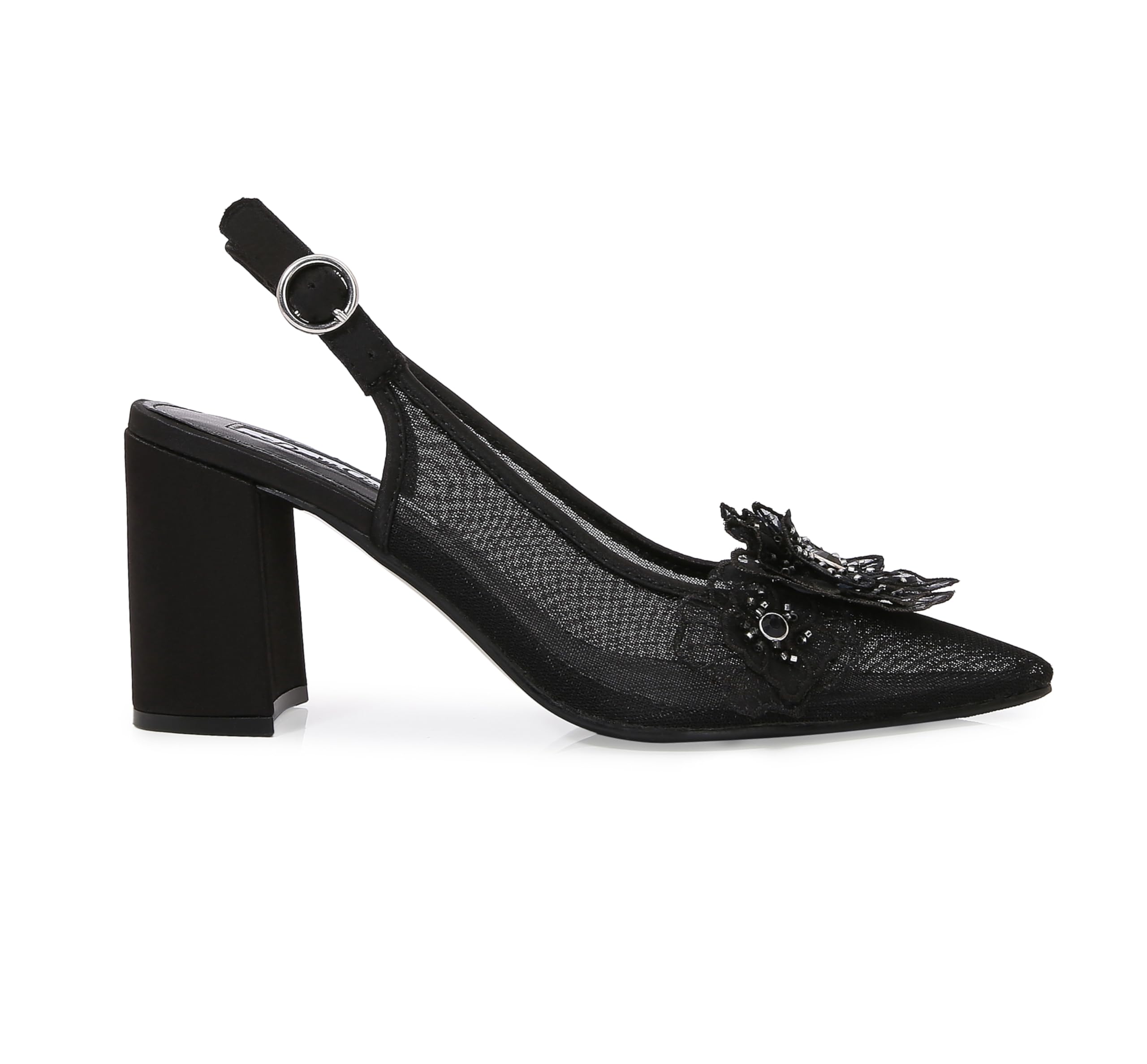 Lady Couture Women's Flower Mesh Slingback Pump – Ballroom Floral Appliqué with Crystal Embellishments, Pointed Toe Block Heel Dress Shoe