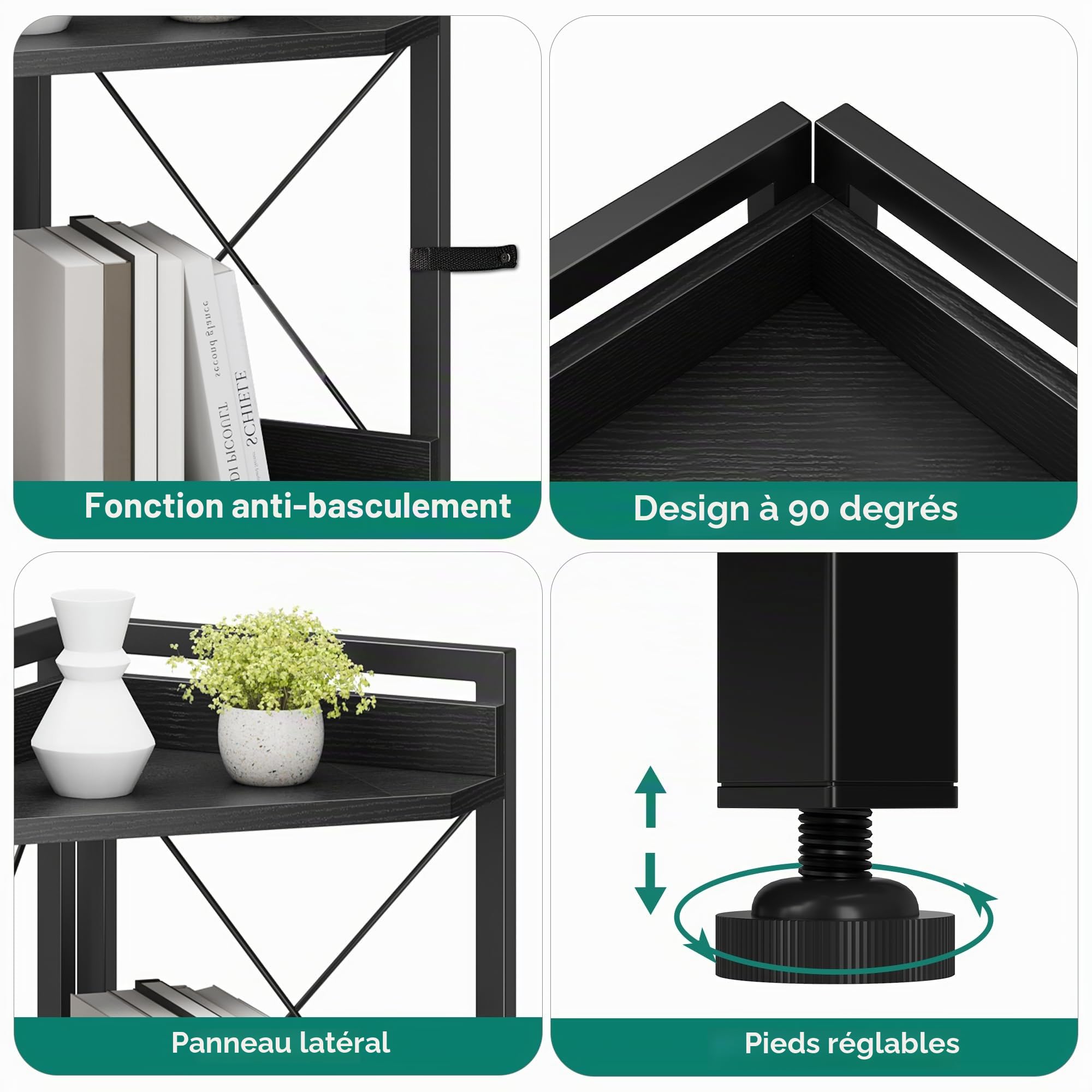 YITAHOME Étagère d'angle, bibliothèque Industrielle avec Armoire, bibliothèque autoportante, étagères de Rangement en Bois pour Salon, Bureau à Domicile, Couloir, étagères à Livres Noir