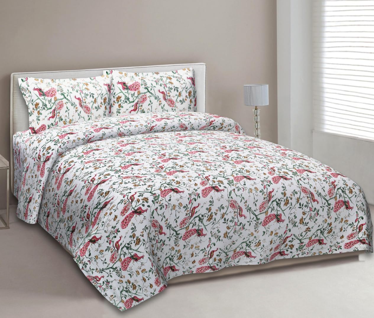 240 TC Bedsheet for Double Bed, King & Queen Size Bed, Anokhi Prints Rajasthan Jaipuri Design, Includes 2 Pillow Covers (90 * 108, Birdy Peach)-image-40
