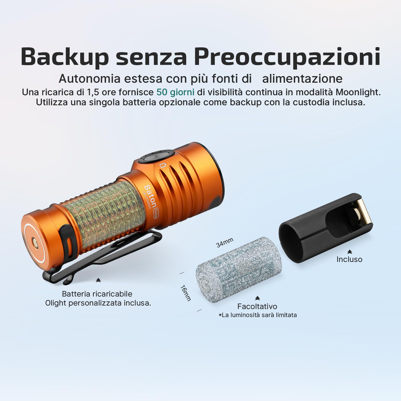 OLIGHT BatonTurbo Torcia 1000 Lumen 510 Metri di Alcance LED Portatile Ricaricabile ad Alta Potenza per Illuminazione Notturna Campeggio Escursionismo Explorazione di Grotte e Uso Domestico(Arancione)