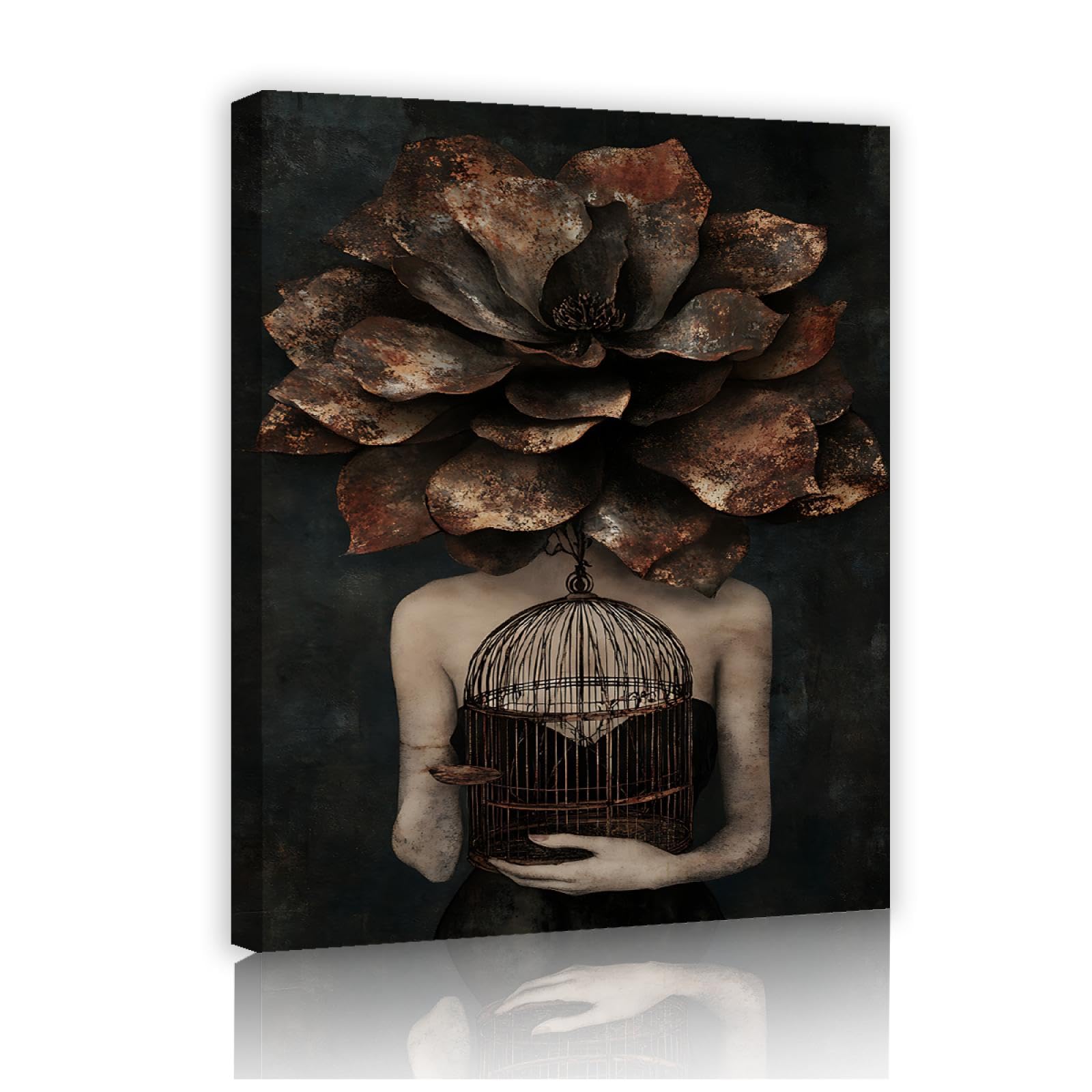 TOANGWALL Piękna elegancka dziewczyna z kwiatami we włosach płótno farby kobieta trzymająca ptak plakat sztuka ścienna do salonu dekoracja domu 50 x 60 cm rama wewnętrzna