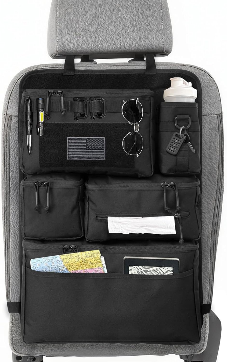 Tactical Seat Back Organizer - Heavy Duty MOLLE Panel Organizer with Multiple Pockets & Hook Loop Panel for EDC Gear, Road Trip Essentials, Universal Fit for Car SUV Truck Jeep Ford(Black)​