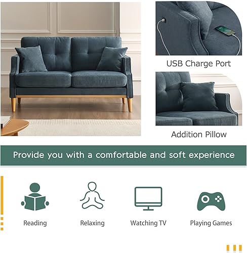 Miniatura 4 de Altillo Moderno sofá biplaza tapizado con puerto USB, tela impermeable de 2 asientos, sofás pequeños con patas de madera maciza para espacios