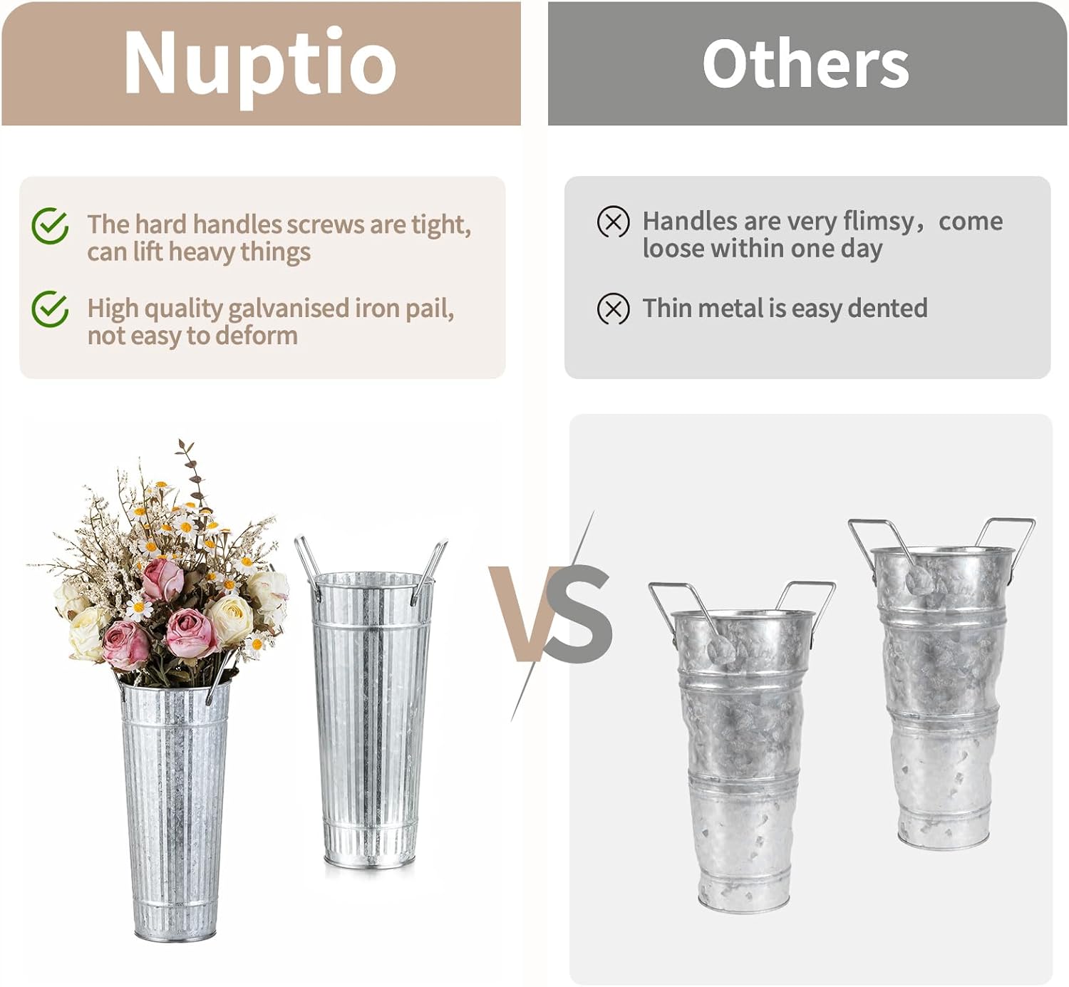 NUPTIO Galvanized Flower Bucket for Wedding: 98.7" Tall Tin Planter for Flower Bar - Rustic Metal Vases for Table Centerpiece Home Garden Decor Set of 12