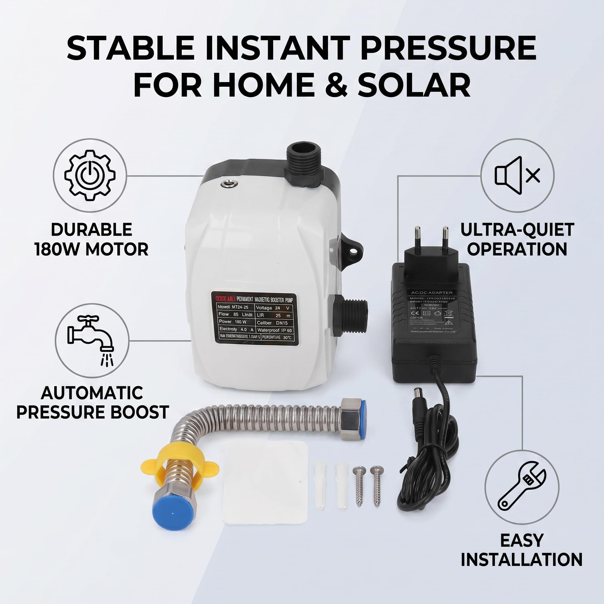 Pompa Booster Pressione Acqua 180W DN15 24V Avvio Arresto Intelligente Basso Rumore Protezione Bassa Pressione per Lavello Doccia Pompe Acqua Silenziosa per Impianto Idraulico