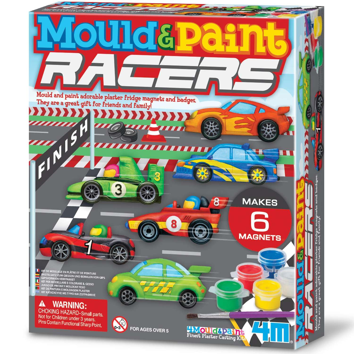 4M Mould & Paint Racers Kit | Creative Racing Cars Craft Set with Plaster, Paints & Brush for Kids Age 5+ | DIY Moulding Activity to Make 6 Magnets or Badges | Fun Art Gift for Children