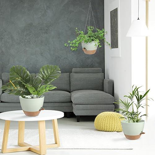 Miniatura 7 de Macetas colgantes para plantas de interior y exterior, 1 juego de macetas colgantes de riego automático con agujeros de drenaje y bandeja extraíble