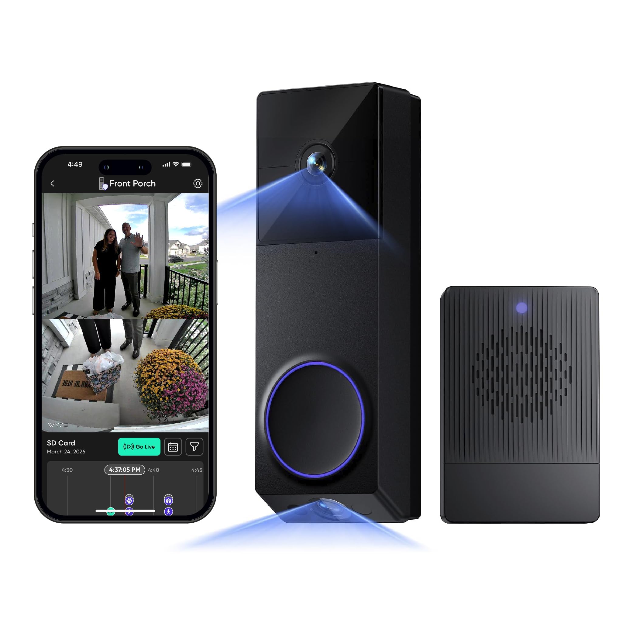 WYZE Wireless Duo Cam Video Doorbell (Chime Included), Battery Powered, 2K Full HD Video, 2 Cameras (People and Package), 2-Way Audio, Color Night Vision (Renewed)